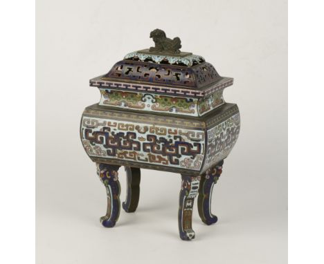 A CHINESE CHAMPLEVÉ ENAMEL CENSER in archaic style (Fangding) Qing Dynasty, with fo dog finial to the pierced and swept cover