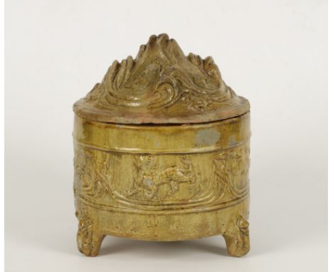 A CHINESE MUSTARD GLAZED HILL JAR AND COVER, Han Dynasty, of typical form, the body with a frieze of diverse animals, on zoom