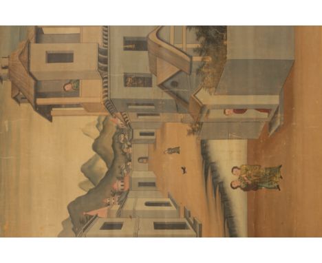 CHINESE SCHOOL, 18th/19th century A painted hanging scroll in a case, depicting a Jesuit Missionary Station, with four figure