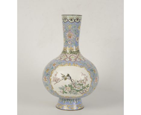 A CHINESE ENAMEL VASE, 19th/20th century, of compressed ovoid form with trumpet neck and foot decorated with birds amongst fl