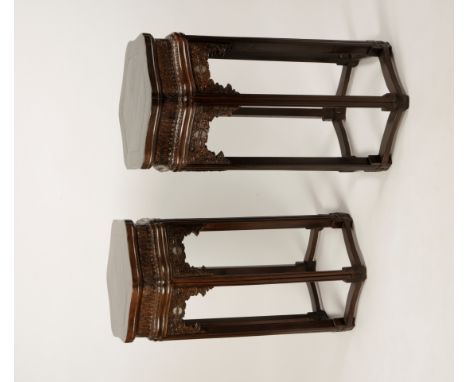 A PAIR OF CHINESE CARVED HARDWOOD AND INLAID HEXALOBE STANDS, Republic period, each with leaf tip repeat carved frieze over s