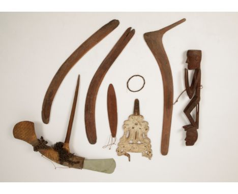 A COLLECTION OF PAPUA NEW GUINEA AND ABORIGINAL ARTEFACTS including a Papua New Guinea axe with a greenstone head, with patte