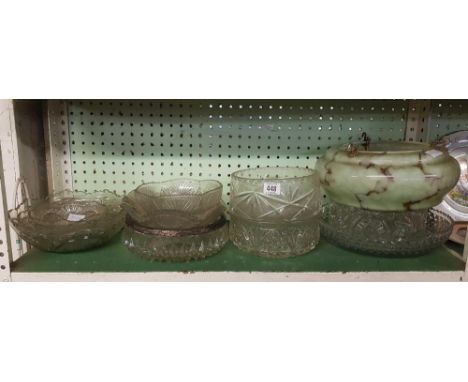 SHELF OF GLASS FRUIT BOWLS &amp; VINTAGE HANGING LAMP SHADE