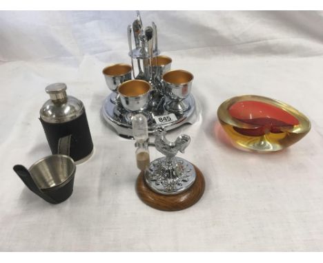 CRUET SET, EGG TIMER &amp; GLASS ASHTRAY