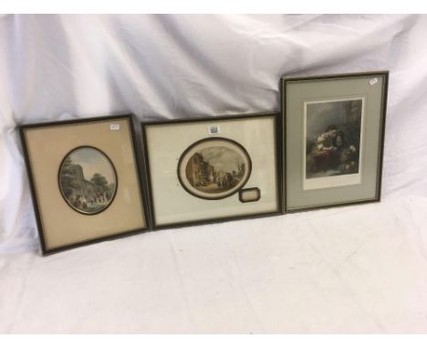 GROUP OF 3 GOOD ANTIQUE COLOUR PRINTS, INCLUDING A GOOD OVAL LE BLOND PRINT ENTITLED NOVEMBER 5TH COMPLETE WITH EMBOSSED CART