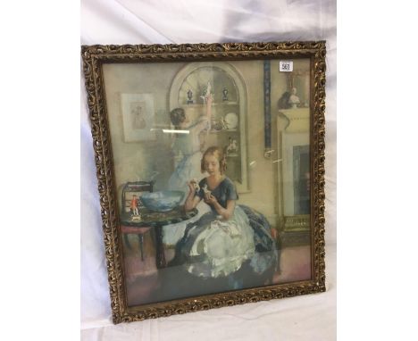 WALTER ERNEST WEBSTER; COLOUR PRINT OF YOUNG LADIES AND CHINA OBJECTS IN AN AN INTERIOR, IN GOOD, GILT, FRETWORK FRAME 