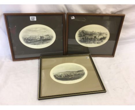 PAIR OF OVAL ANTIQUE PRINTS, VIEWS OF EXETER FROM THE SOUTH EAST & NORTH WEST, TOGETHER WITH AN ANTIQUE OVAL COLOUR VIEW OF N