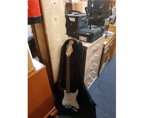 SQUIRE BULLET STRAPPED ELECTRIC GUITAR WITH STAND, CANVAS BAG &amp; BLACK STAR AMPLIFIER