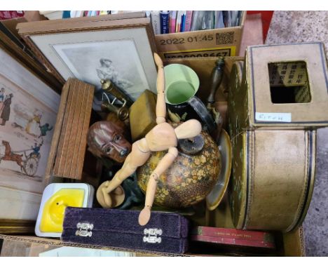 CARTON WITH F/G PICTURES, WOODEN DOG, BRASS LETTER BOX, DOOR KNOCKER &amp; OTHER METAL ITEMS