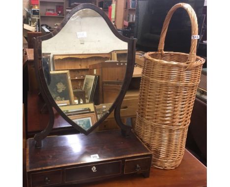 MAHOGANY CHEVAL MIRROR WITH DRAWERS &amp;  WICKER STICK STAND