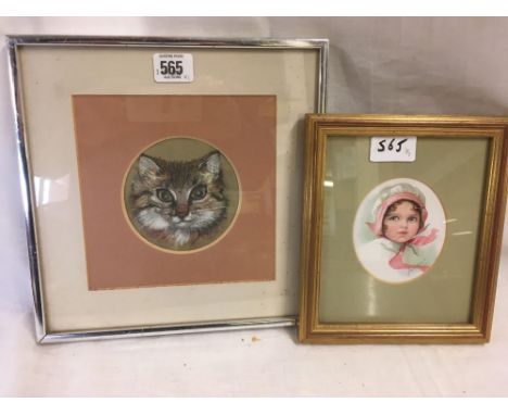 CIRCULAR PASTEL PORTRAIT DRAWING OF THE HEAD OF A CAT TOGETHER WITH AN  OVAL HEAD &amp; SHOULDERS PORTRAIT OF A LITTLE GIRL, 