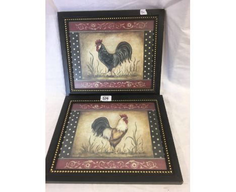 PAIR OF COLOURED PRINTS OF COCKERELS BY KIMBERLEY POLOSON, IN BLACK &amp; GILT SHOT BEAD FRAMES