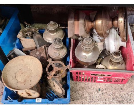 2 CARTONS OF MIXED BRASS OIL LAMPS, METAL WEIGH SCALES &amp; SHADES