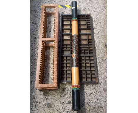 WOODEN CD RACK, MULTI SECTION PRINTERS TRAY &amp; A DIDGERIDOO