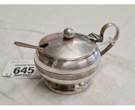 SILVER MUSTARD POT WITH B.G.L &amp; SPOON BY HARRY ATKIN, SHEFFIELD 1938