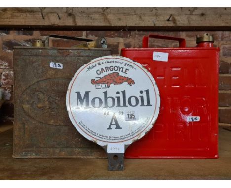 2 MOTOR SPIRIT CANS BY ESSO &amp; SHELL &amp; AN ENAMEL SIGN OF THE VACUUM OIL COMPANY