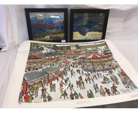 2 BLACK FRAMED &amp; GLAZED PAINTINGS OF MODERN MOORLAND SCENES PAUL STEPHENS &amp; A PRINT BY EDITH LE BRETON