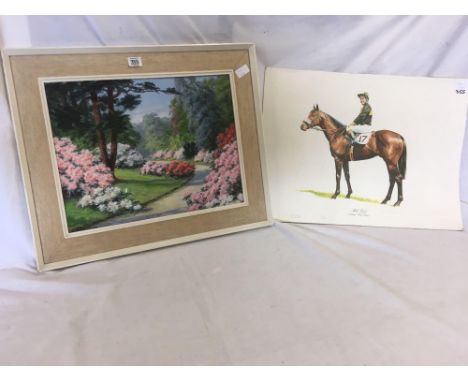 F/G OIL PAINTING OF A PATHWAY OF FLOWERS &amp; A PRINT OF MILL REEF RACING HORSE