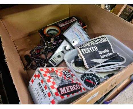 CARTON WITH A REAR WINDOW WASH PIPE KIT, VACUUM FUEL PUMP TESTERS, TUN-UP ANALYZER, COMPRESSION TESTER &amp; A MERCO 35 MARIN