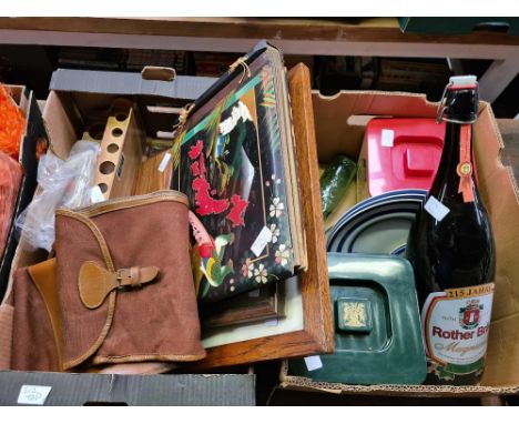 CARTON WITH F/G PICTURES, SHOT GUN SLIP, SPICE RACK, POSTCARDS, ORIENTAL PHOTO, TG GREEN PLATES, 2 ICE BUCKETS &amp; LARGE DA