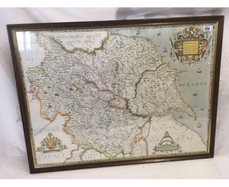 LARGE COLOUR ANTIQUE MAP PRINT OF YORKSHIRE FROM 1577, 20'' X 28''