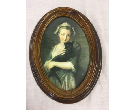 OVAL COLOURED MINIATURE PRINT OF A LADY WITH A CAT
