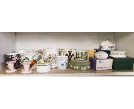 SHELF OF ASSORTED CHINAWARE INCL;    TRINKET BOXES &amp; MUGS ETC