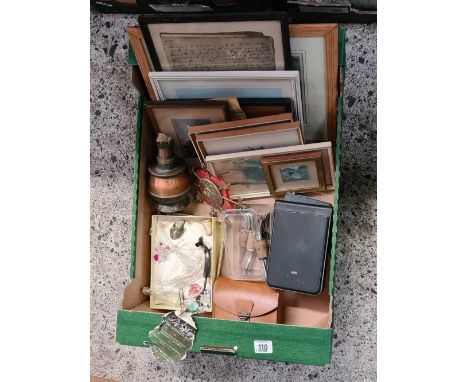 CARTON OF MISC F/G PICTURES, COPPER WICK LAMP, VINTAGE ELECTRIC RAZORS &amp; SPIRIT POURERS