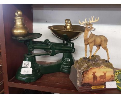 PAIR OF SCALES &amp; WEIGHTS &amp; DEER FIGURE