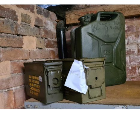 2 EMPTY AMMO AMMUNITION BOXES &amp; A 5 GALLON JERRY CAN, MOD DATED 1985