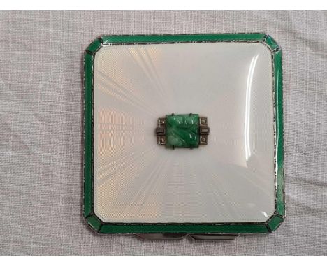 ENGINE TURNED GUILLOCHE &amp; JADE DECORATED SILVER ART DECO POWDER COMPACT &amp; MIRROR, B'HAM 1937