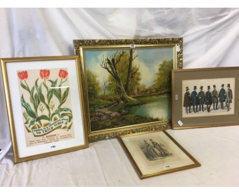 2 GILT F/G VINTAGE PRINTS WITH GILT FRAMED OIL PAINTING &amp; GILT F/G TULIP PICTURE