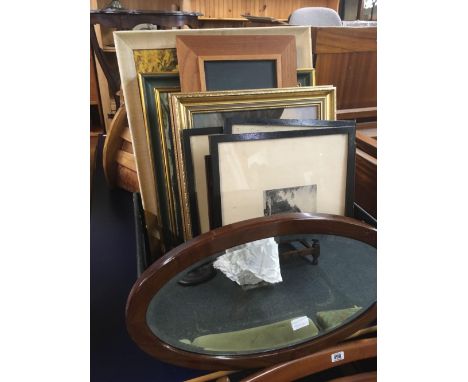 CARTON OF PRINTS, PICTURES &amp; OVAL DARK FRAMED BEVELLED MIRROR