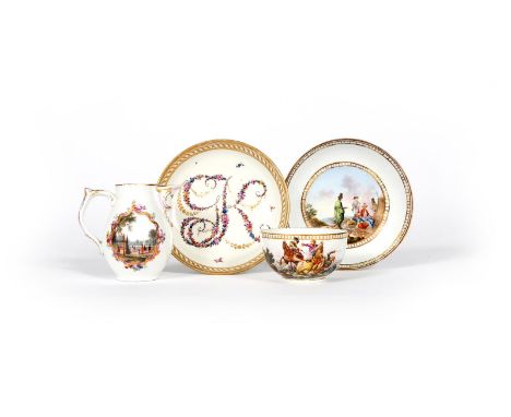 A Meissen military subject cup and saucer, c.1770, the cup painted with a battle scene of soldiers brandishing swords on hors