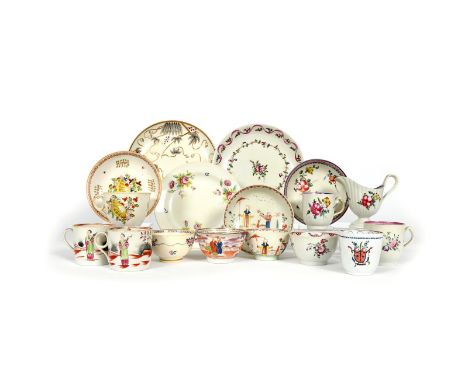 A collection of English porcelain tea wares, late 18th/early 19th century, mostly New Hall, including a saucer dish painted i