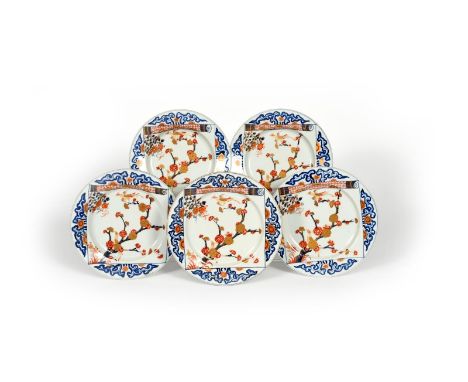 Five Samson porcelain plates, late 19th century, decorated in the Japanese manner, each with a panel containing long-tailed b