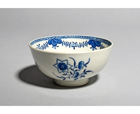 A previously unrecorded Worcester blue and white slop bowl, c.1785, painted with a variant of the Formal Rose Spray pattern, 