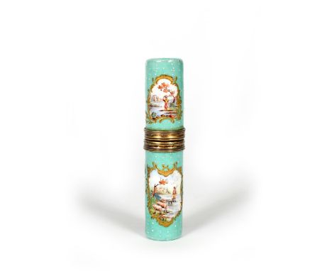 A large enamel etui, c.1770-80, of cylindrical form, painted with bucolic scenes of a shepherd with his flock and a girl carr