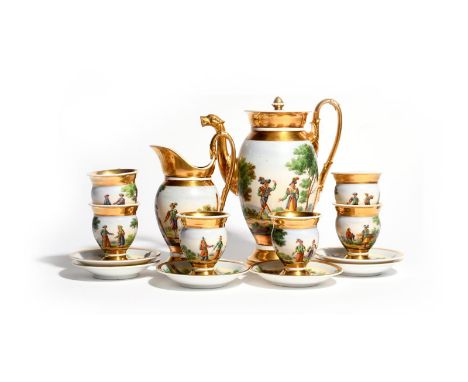 A Paris porcelain part coffee set, 19th century, painted with theatrical figures in colourful costume beneath tall trees, wit
