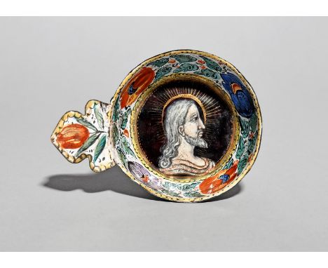 A Limoges enamel wine taster or taste vin, probably 19th century, the well painted with a profile portrait of Christ, the int