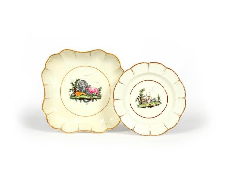 A Worcester fluted 'Fable' dessert dish and a plate, c.1775-80, the dish of square form, each painted after Jefferyes Hammet 