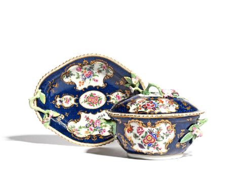 A Worcester sauce tureen with cover and stand, c.1765-70, the quatrefoil form painted with panels of polychrome flower garlan