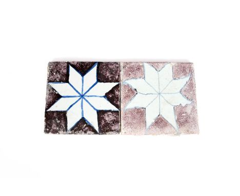 Two delftware tiles, c.1730, possibly Vauxhall, each decorated with an eight-pointed star in blue on a powdered manganese gro