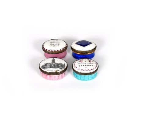 Four enamel patch boxes, c.1770-90, of oval form, one printed with a view of Salisbury cathedral, one inscribed 'A Trifle fro