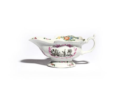 A Worcester high-footed sauceboat, c.1754-55, printed in the Smoky Primitive manner with Chinoiserie scenes of figures reserv
