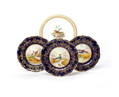 Three Coalport ornithological dessert plates, early 20th century, painted by Percy Simpson with three differing moorland bird