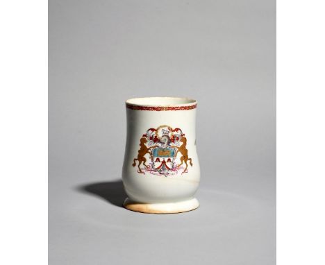 A large and rare armorial Bow mug, c.1750-55, the bell-shaped form painted with the arms of the Worshipful Company of Merchan