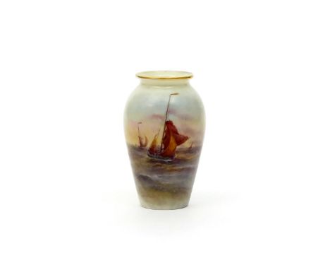 A Royal Worcester vase by Harry Stinton, date code for 1903, painted with sailing boats in a choppy sea, signed, printed mark