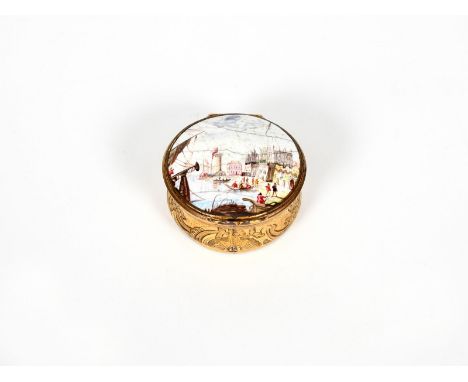 A circular snuff box with an enamel plaque, c.1770, the top painted with figures in a harbour setting, the shaped base of cha