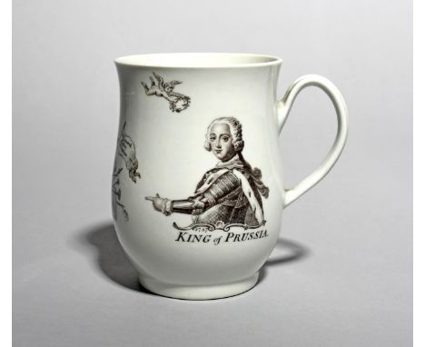 A Worcester bell-shaped King of Prussia mug, c.1757, printed in black with a head and shoulders portrait of Frederick II of P